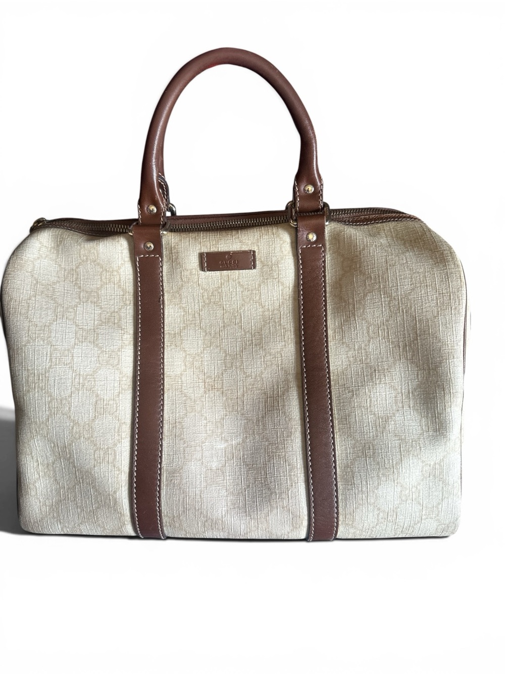 Gucci GG Boston Bag Cream Canvas with Brown Leather Trim